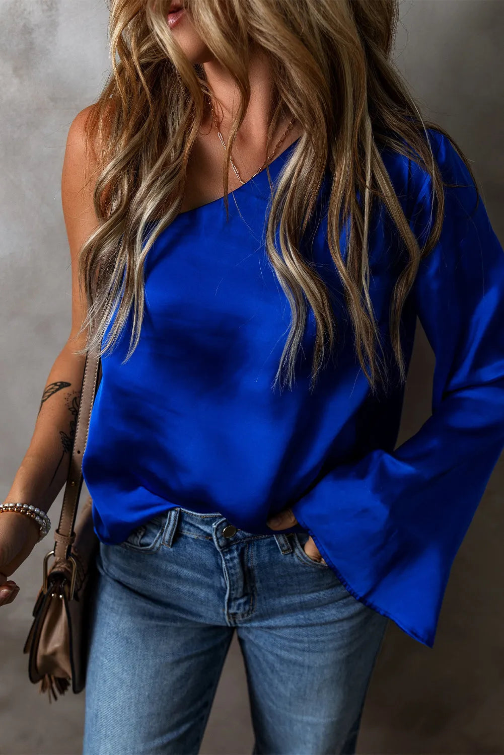 Dark Blue Asymmetric One Shoulder Bell Sleeve Satin Blouse - Chic Meadow Boutique 