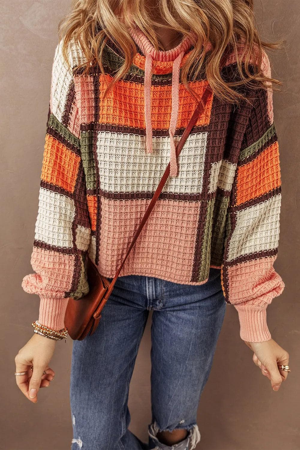 Sweaters & Cardigans/Sweaters Orange Color Block Waffle Knit Drawstring Mock Neck Sweater