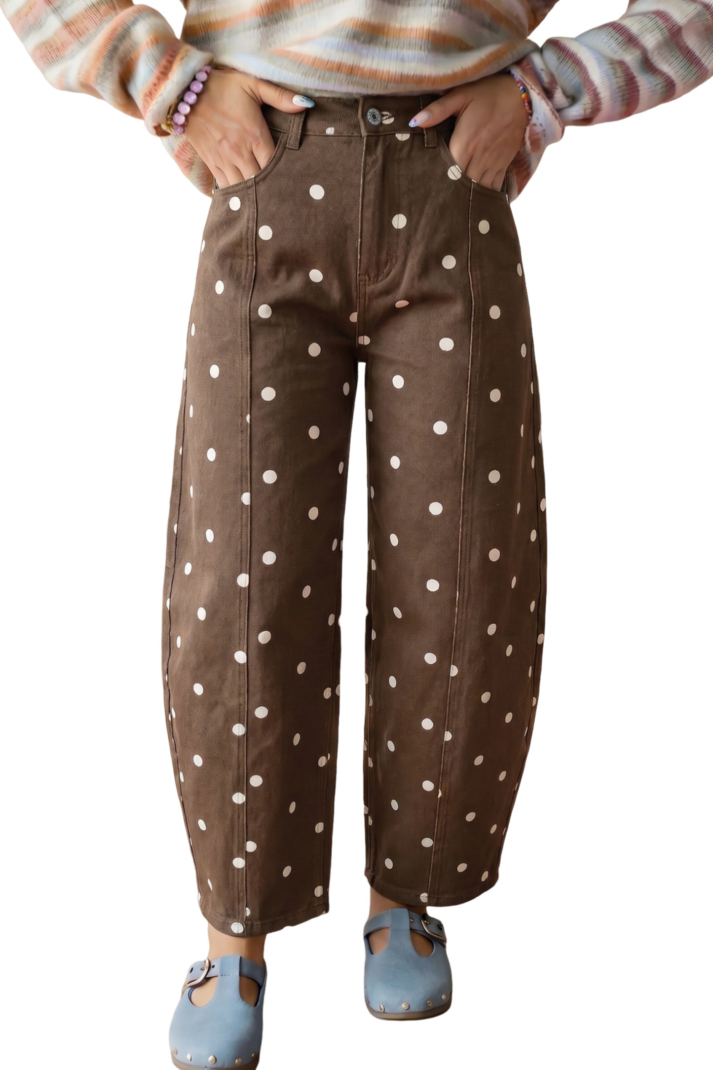 Brown Tailored Seam Polka Dot Print Barrel Casual Jeans