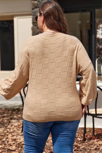 Light French Beige Solid Checkered Textured Knit Plus Size Sweater - Chic Meadow Boutique 