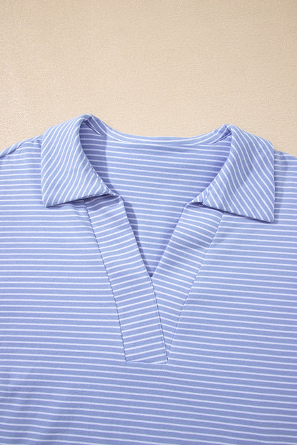 Sky Blue Stripe Dolman Sleeve Polo Shirt and Drawstring Shorts Set