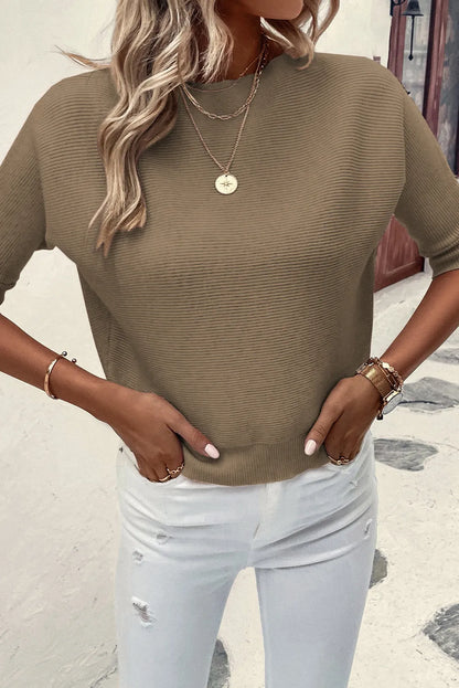 Coffee Round Neck Half Sleeve Ribbed Knit Top - Chic Meadow Boutique 