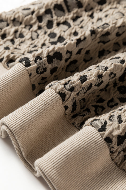 Khaki Ribbed Trim Leopard Print Long Sleeve Top