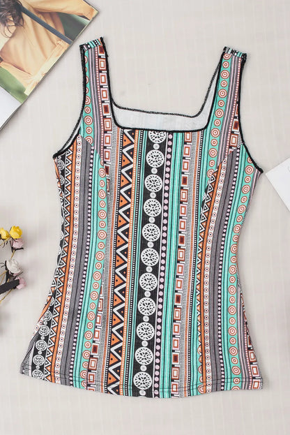 Green Western Geo Printed Square Neck Tank Top - Chic Meadow Boutique 