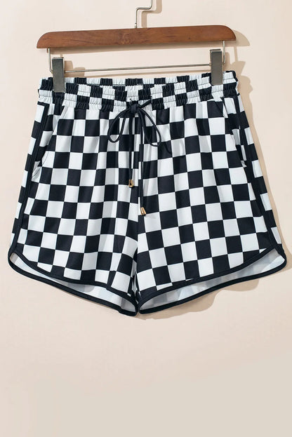 Black Checkered Drawstring Elastic Waist Casual Shorts - Chic Meadow Boutique 