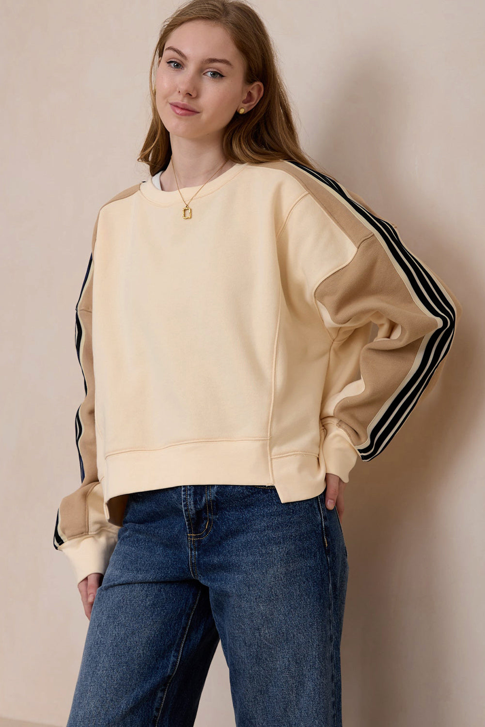 Beige Contrast Striped Patchwork Drop Shoulder Loose Sweatshirt