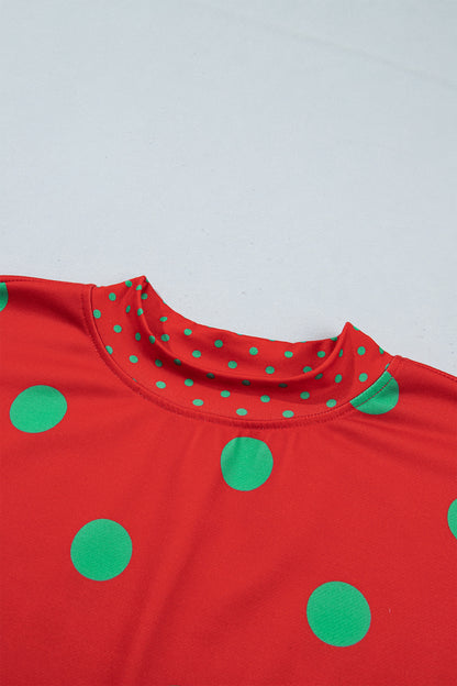 Red Polka Dot Print Contrast Detail Oversized Tunic Sweatshirt