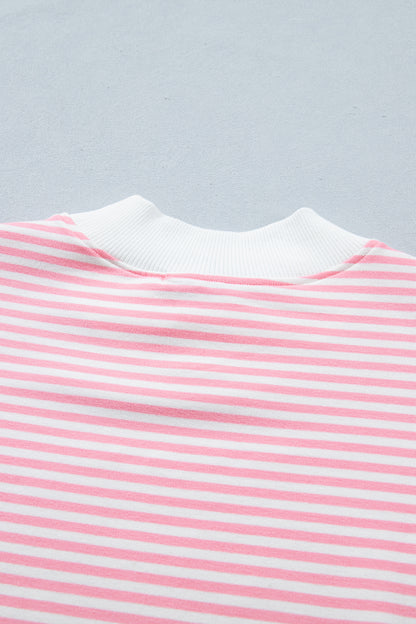 Pink Stripe Cuffed Sleeve Contrast Mock Neck Tee Casual 2pcs Short Set