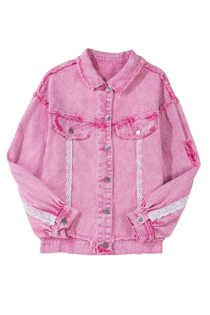 Outerwear/Denim jackets Pink Lace Patchwork Distressed Buttoned Denim Jacket