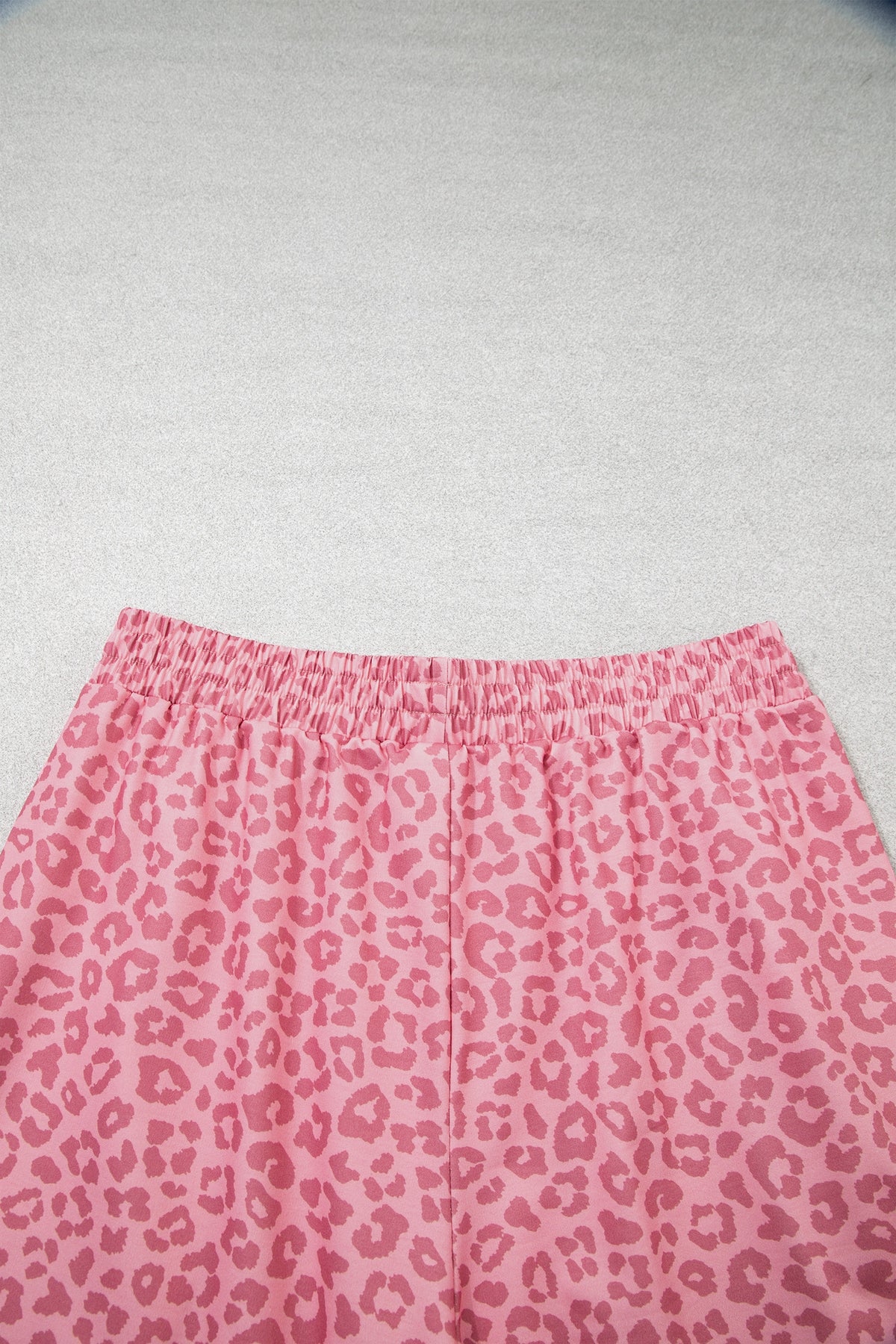 Pink Leopard Print Varsity Striped Detail 3/4 Sleeve Top Shift Pant Set