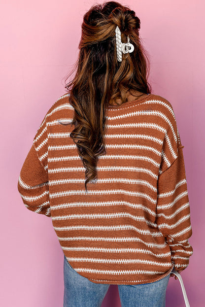 Brown Stripe Drop Shoulder Casual Sweater