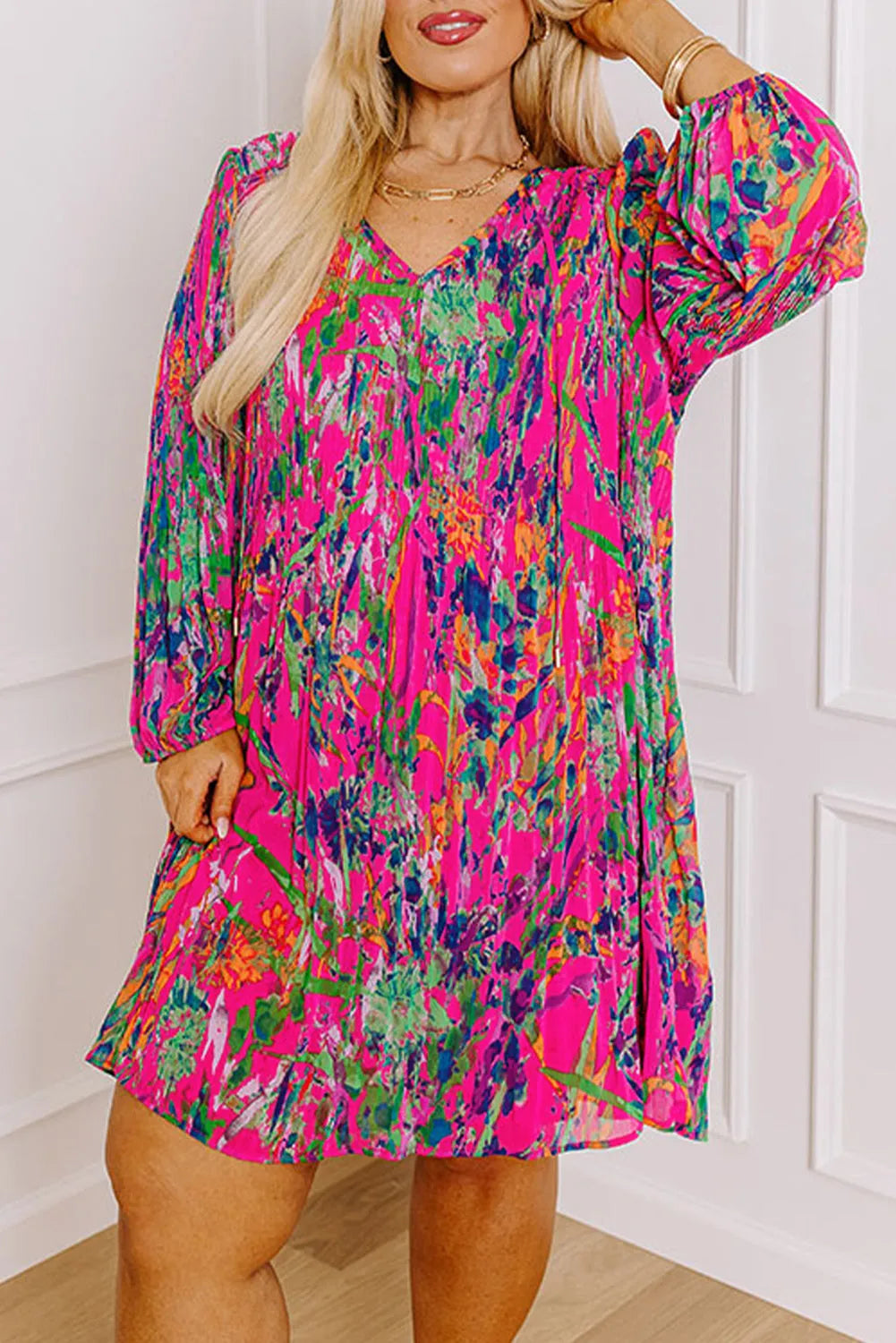 Rose Plus Size Abstract Floral Print Pleated Loose Dress - Chic Meadow Boutique 