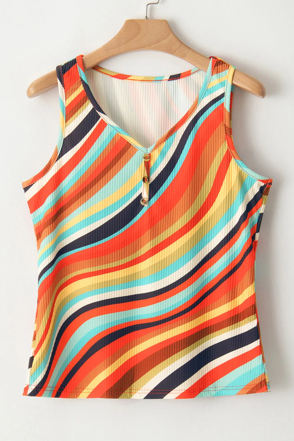 Multicolour Wavy Striped Buttoned V Neck Tank Top - Chic Meadow Boutique 