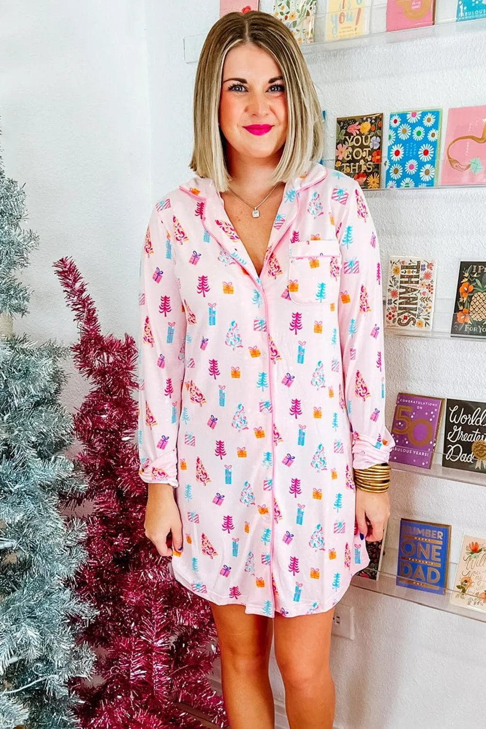 Loungewear & Sleepwear/Sleepwear Pink Christmas Twinkle Tree Print Shirt Sleep Dress