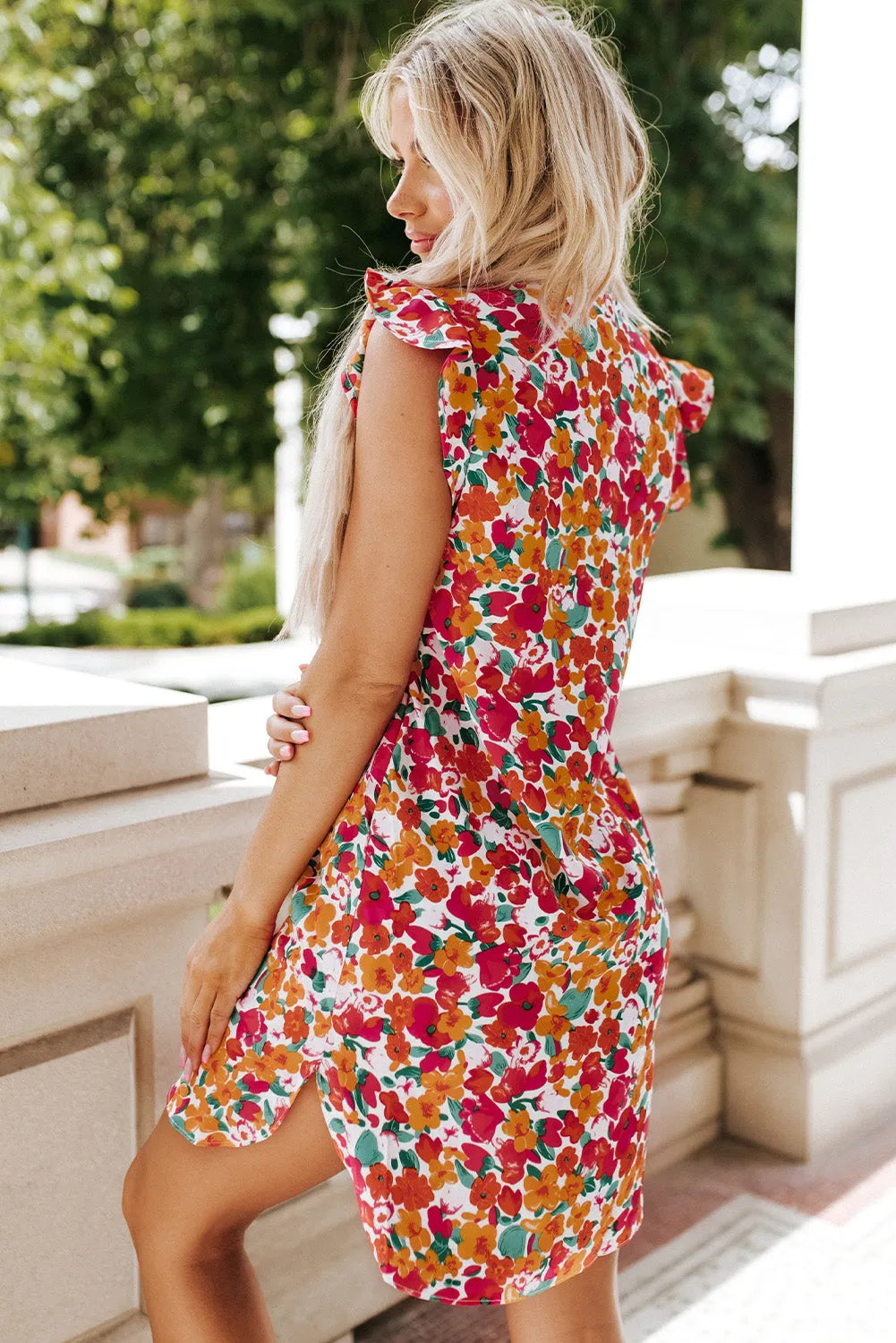 Fiery Red Ruffle Sleeve V-Neck Floral Dress - Chic Meadow Boutique 