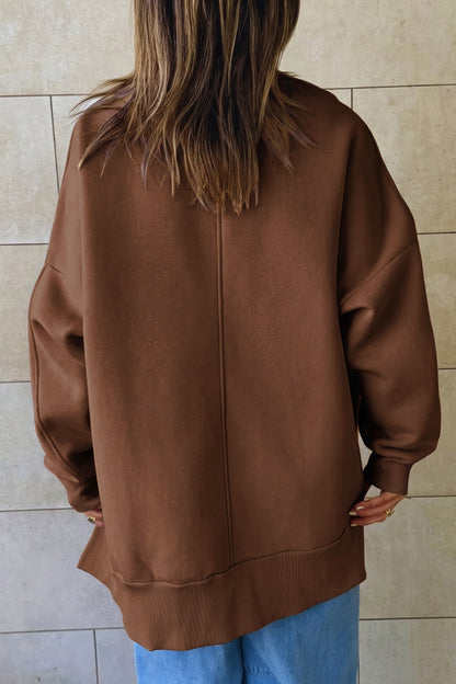 Coffee Solid Color Oversized Mock Neck Split Hem Tunic Sweatshirt