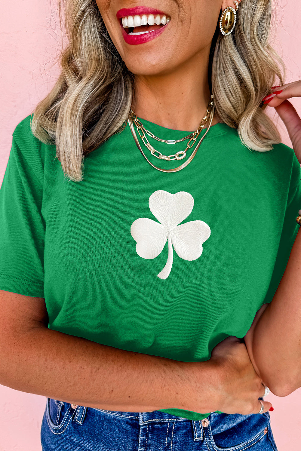 Bright Green Embroidered Clover Pattern St Patrick Tee