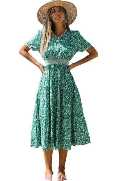 Green Floral Print Lace Splicing Flared High Waist Midi Dress - Chic Meadow Boutique 