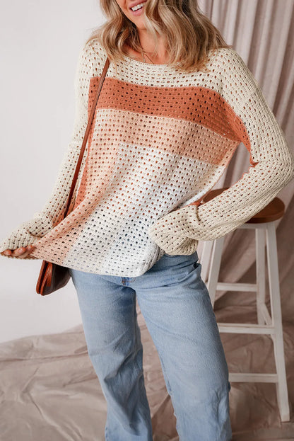 Apricot Pointelle Knit Colorblock Baggy Sweater - Chic Meadow Boutique 