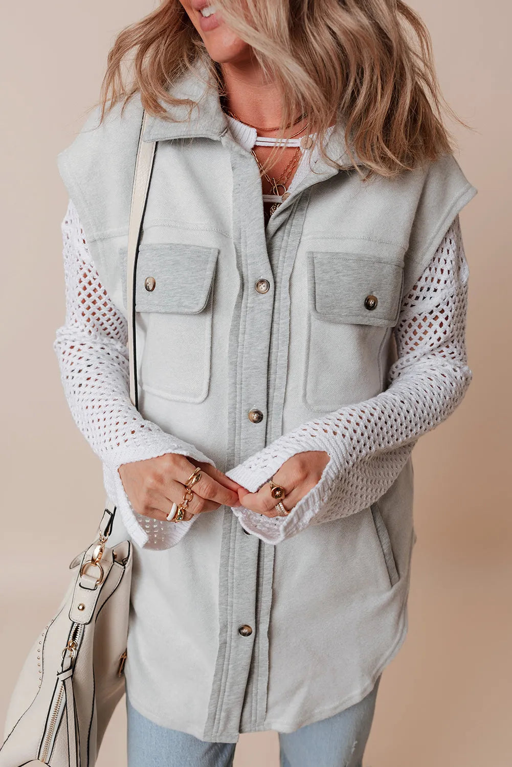 Light Grey Flap Pockets Contrast Buttons Front Jacket Vest - Chic Meadow Boutique 