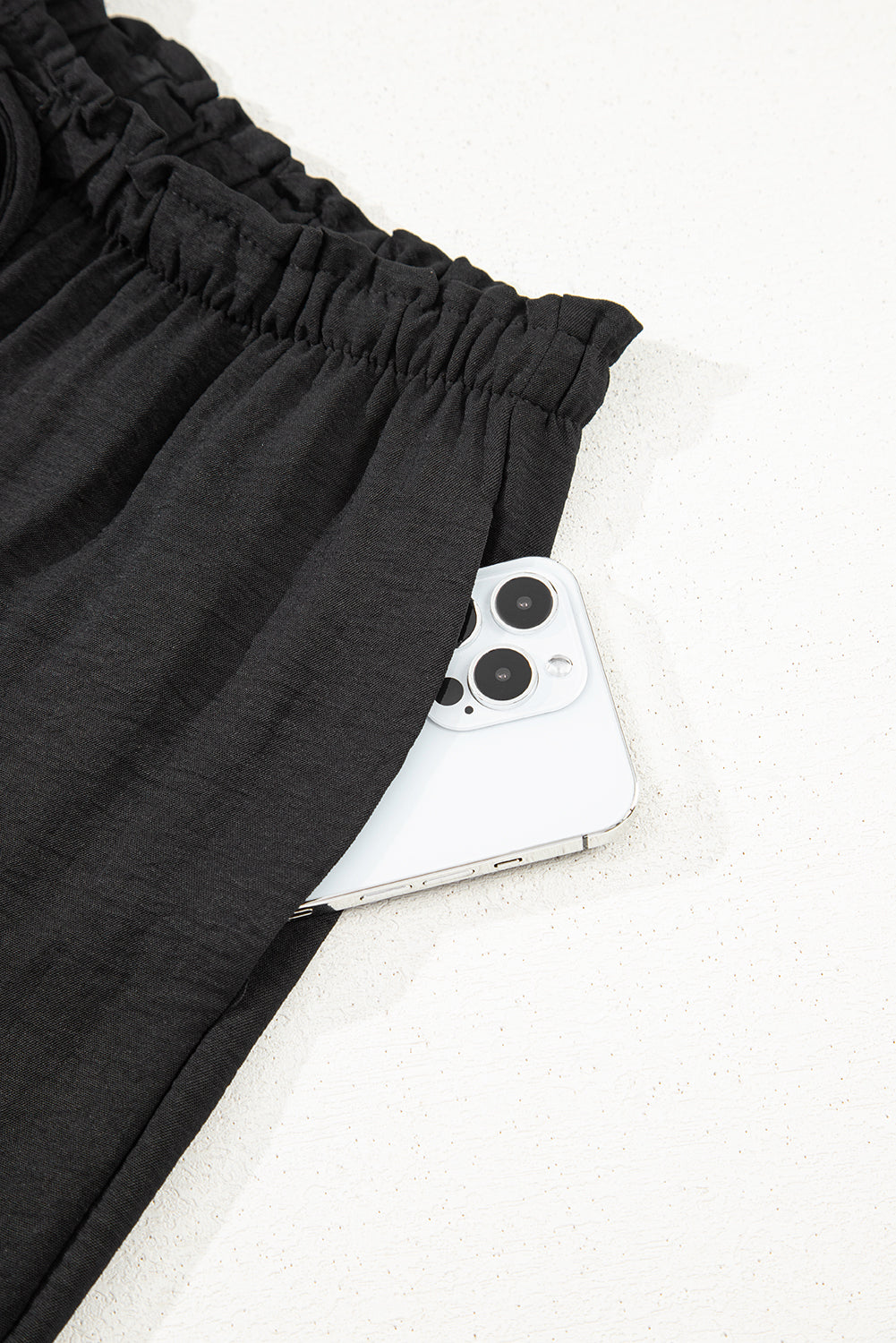 Black Drawstring Frilled Waist Wide Leg Utility Trousers