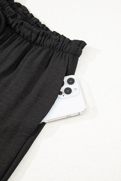 Black Drawstring Frilled Waist Wide Leg Utility Trousers