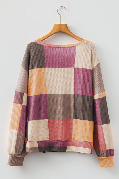 Rose Red Checkered Print Textured Knit Long Sleeve Loose Top