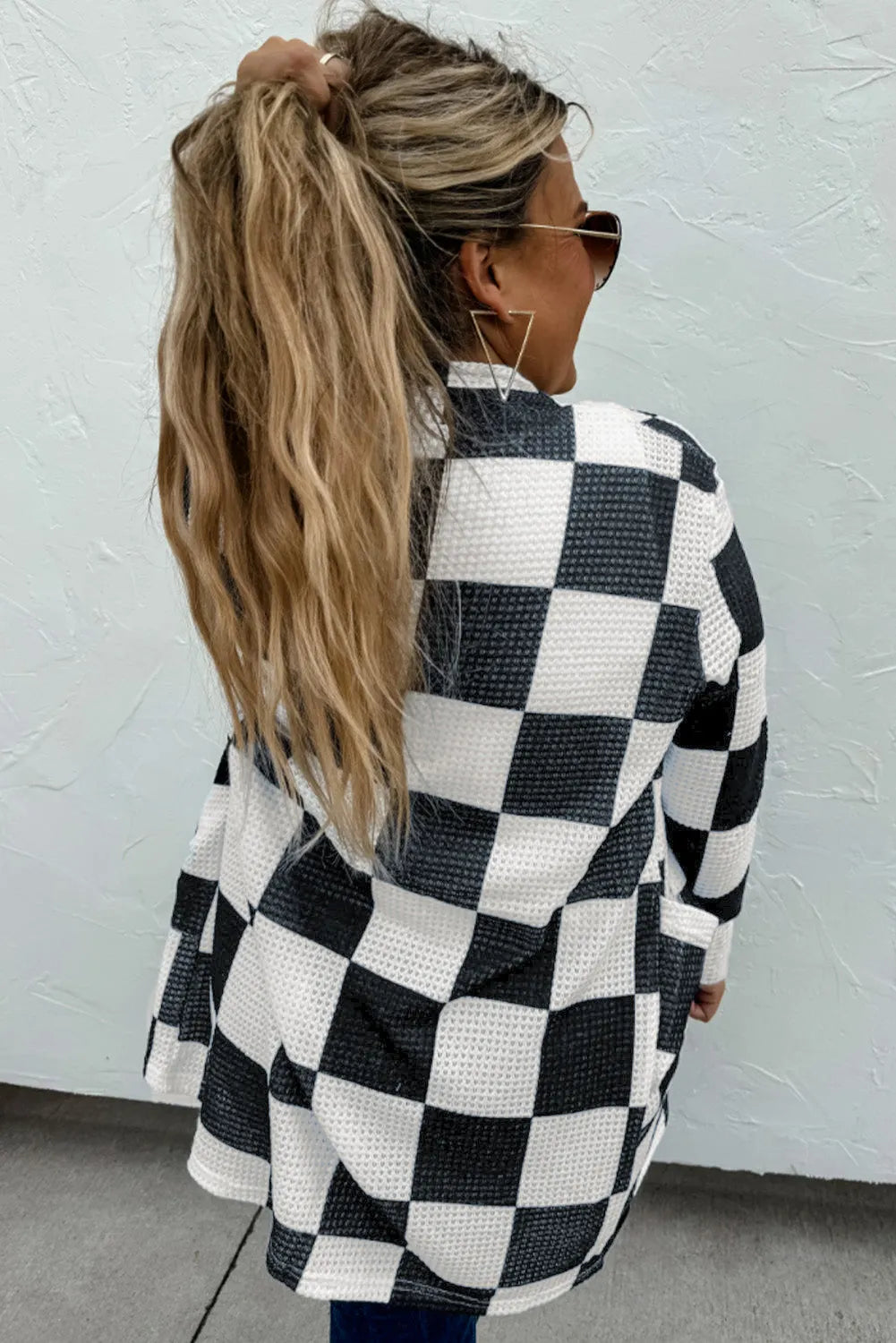 Black Checkered Waffle Knit Thumbhole Open Front Cardigan - Chic Meadow Boutique 