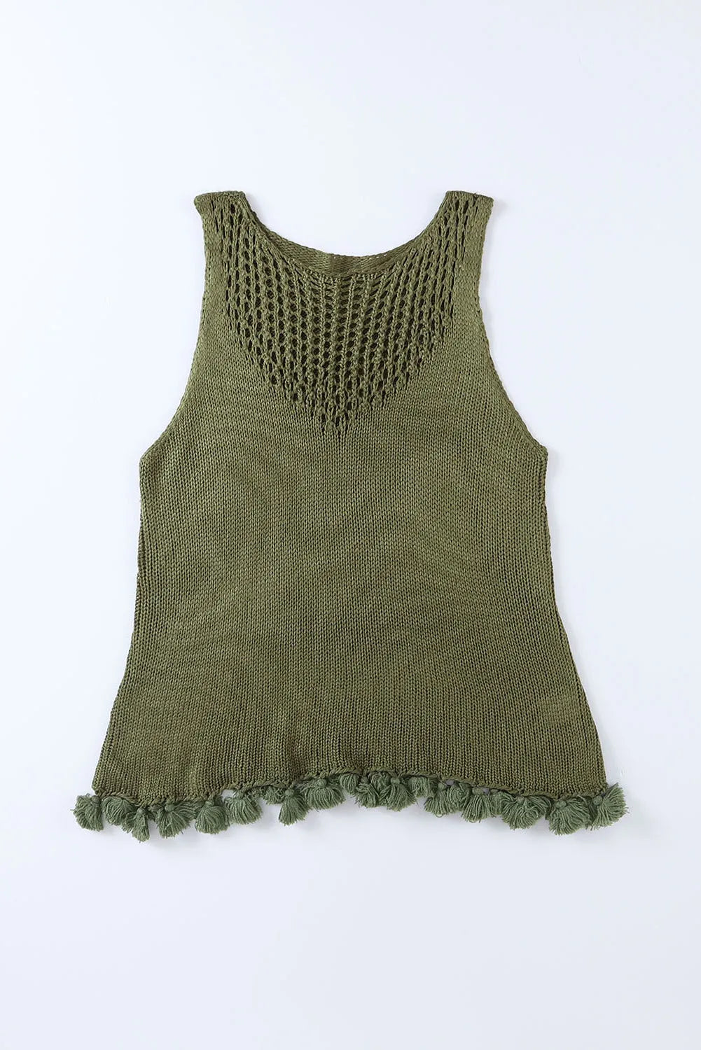 Green Tasseled Crochet Hollow-out Knit Tank - Chic Meadow Boutique 