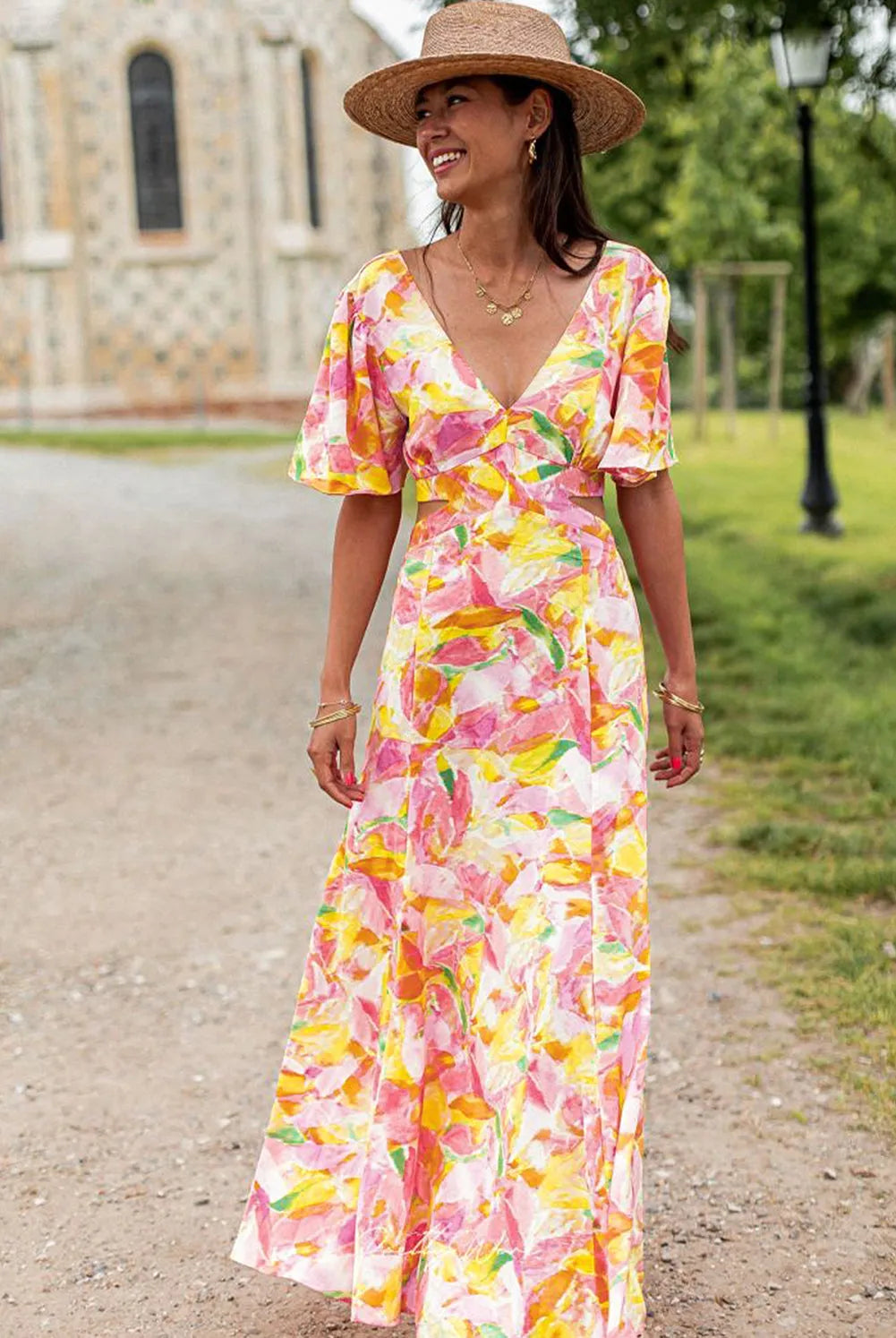 Pink Bohemian Flutter Sleeve Cut out Floral Maxi Dress - Chic Meadow Boutique 