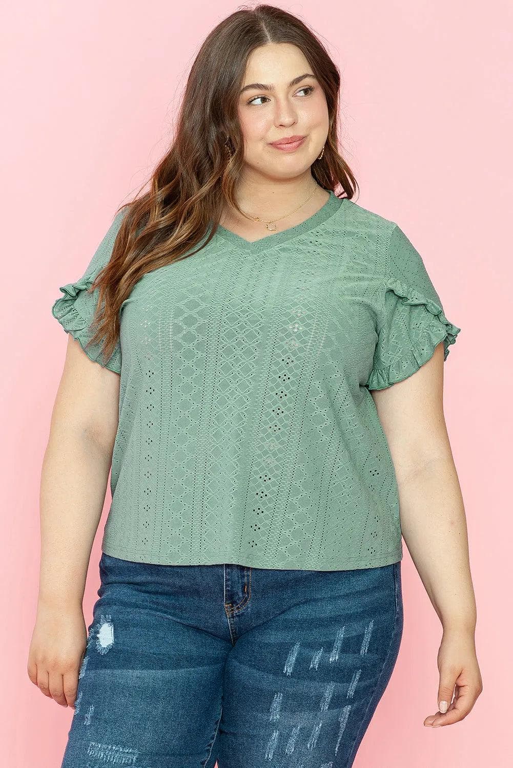 Plus Size/Plus Size Tops/Plus Size Blouses & Shirts Laurel Green Petal Sleeve Jacquard V Neck Curvy Blouse