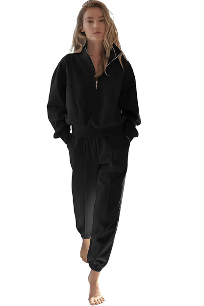 Black Half Zip up Pullover Active Top and Joggers Set - Chic Meadow Boutique 