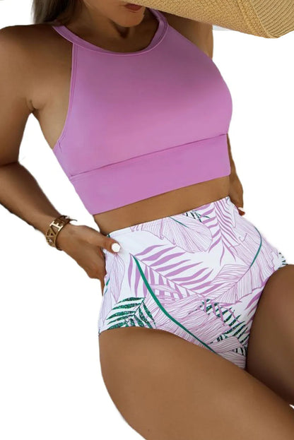 Purple Solid Strappy Halter Bikini Printed High Waist Swimsuit - Chic Meadow Boutique 