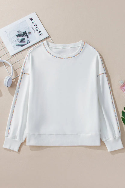 White Contrast Rainbow Trim Drop Shoulder Pullover Sweatshirt - Chic Meadow Boutique 