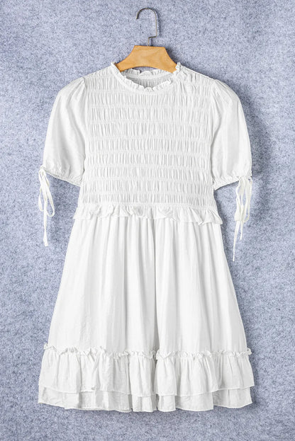 White Tie Short Sleeves Smocked Ruffle Mini Dress - Chic Meadow Boutique 