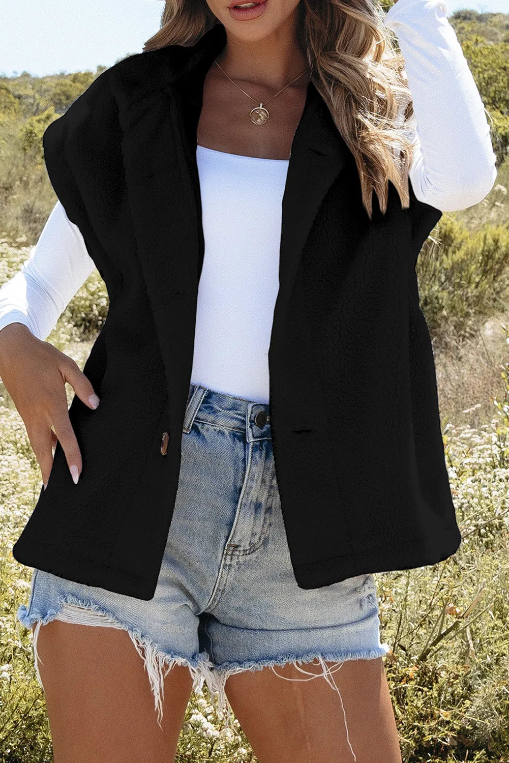 Black Sherpa Stand Collar Jacket Vest - Chic Meadow Boutique 