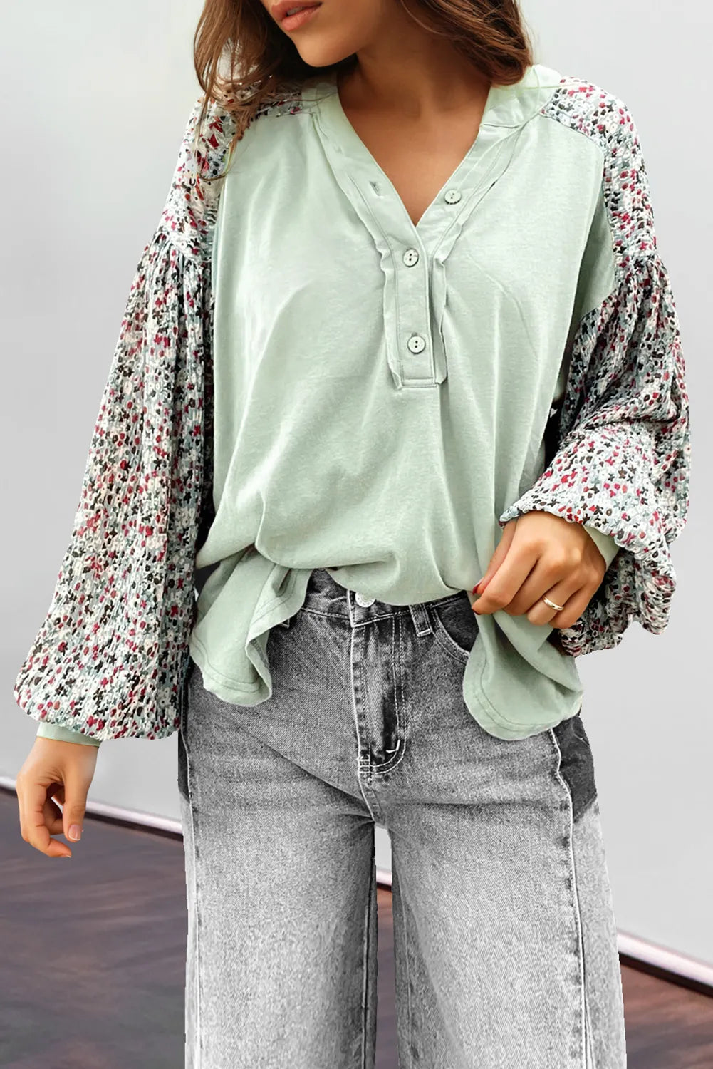 Meadow Mist Green Contrast Printed Bubble Sleeve Henley Loose Top with Slits - Chic Meadow Boutique 