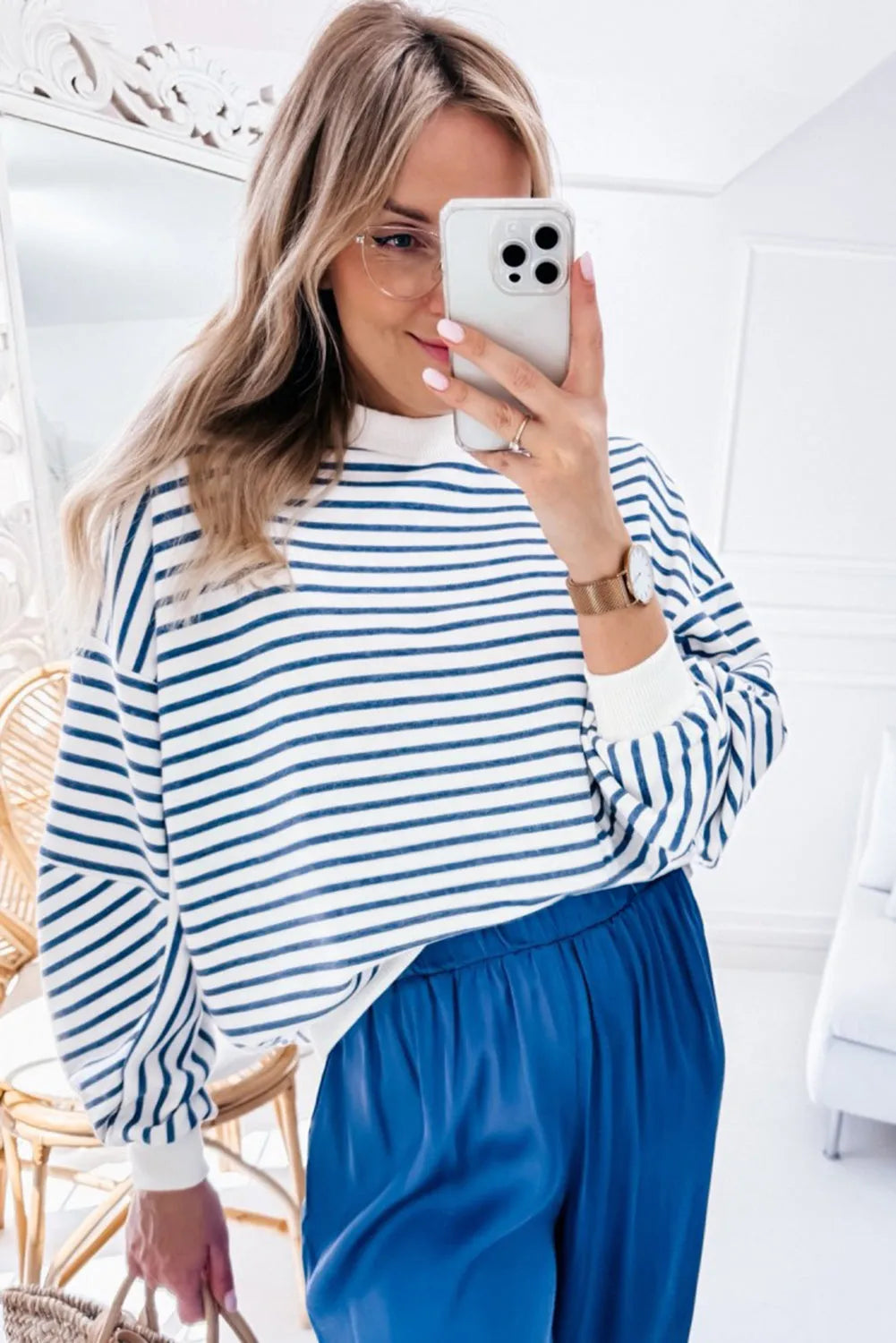 Blue Stripe Drop Shoulder Crew Neck Loose Sweatshirt - Chic Meadow Boutique 