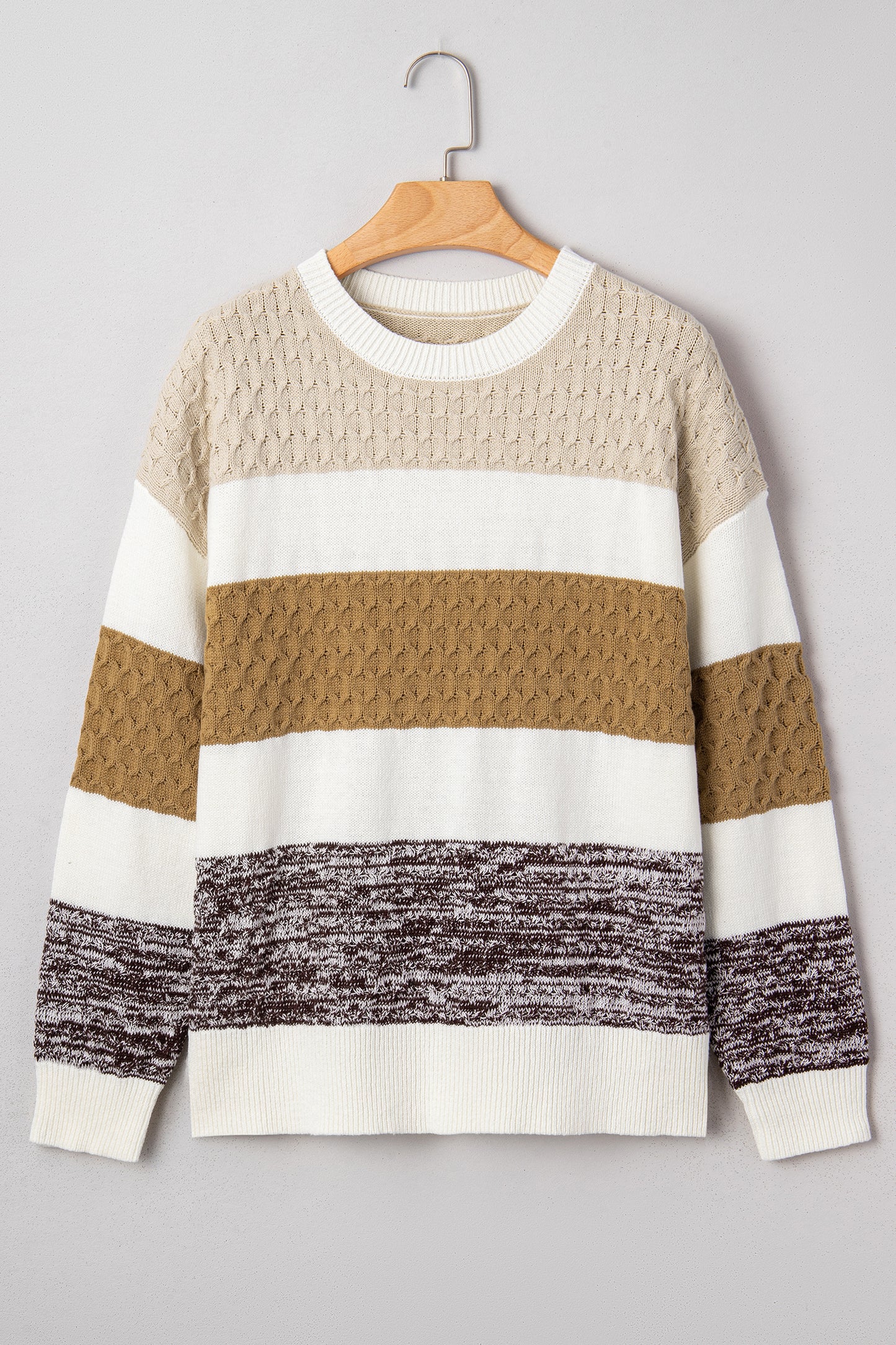 Brown Mixed Texture Knit Striped Color Block Loose Sweater