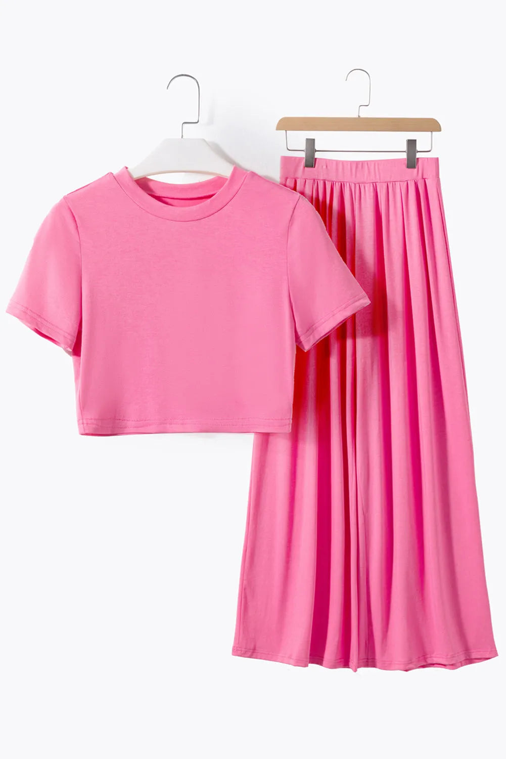 Strawberry Pink Slim Fit Crop Top and Pleated Wide Leg Pants Set - Chic Meadow Boutique 