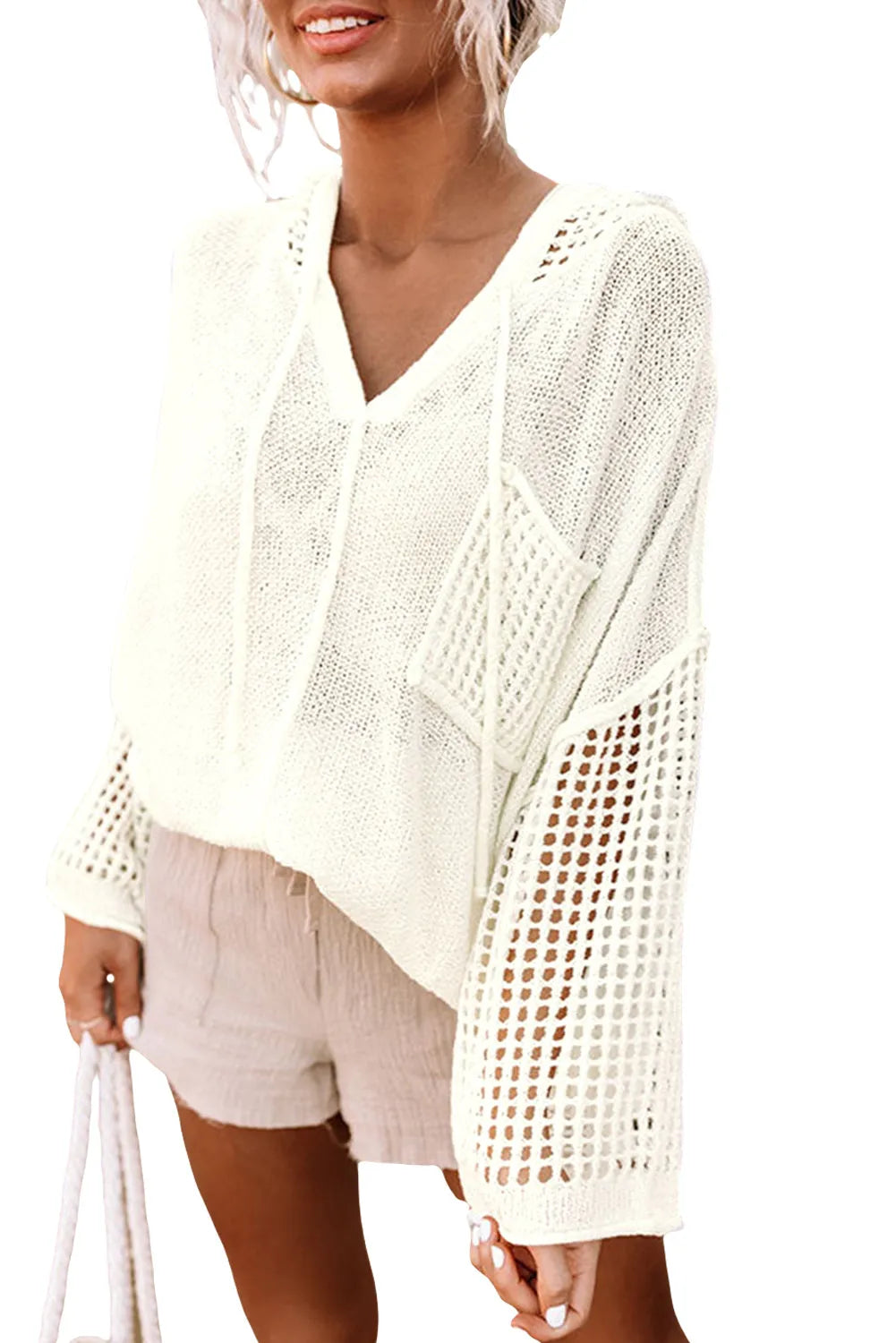 White Open Knit Long Sleeve Pocketed Hooded Sweater - Chic Meadow Boutique 