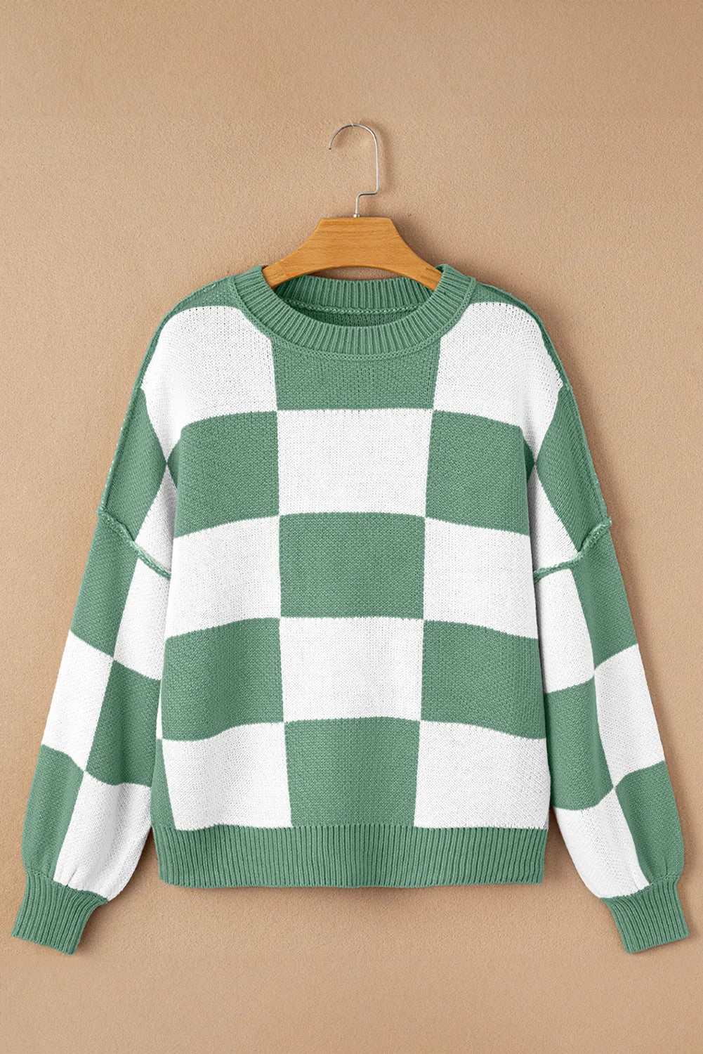 Green Checkered Bishop Sleeve Sweater - Chic Meadow Boutique 