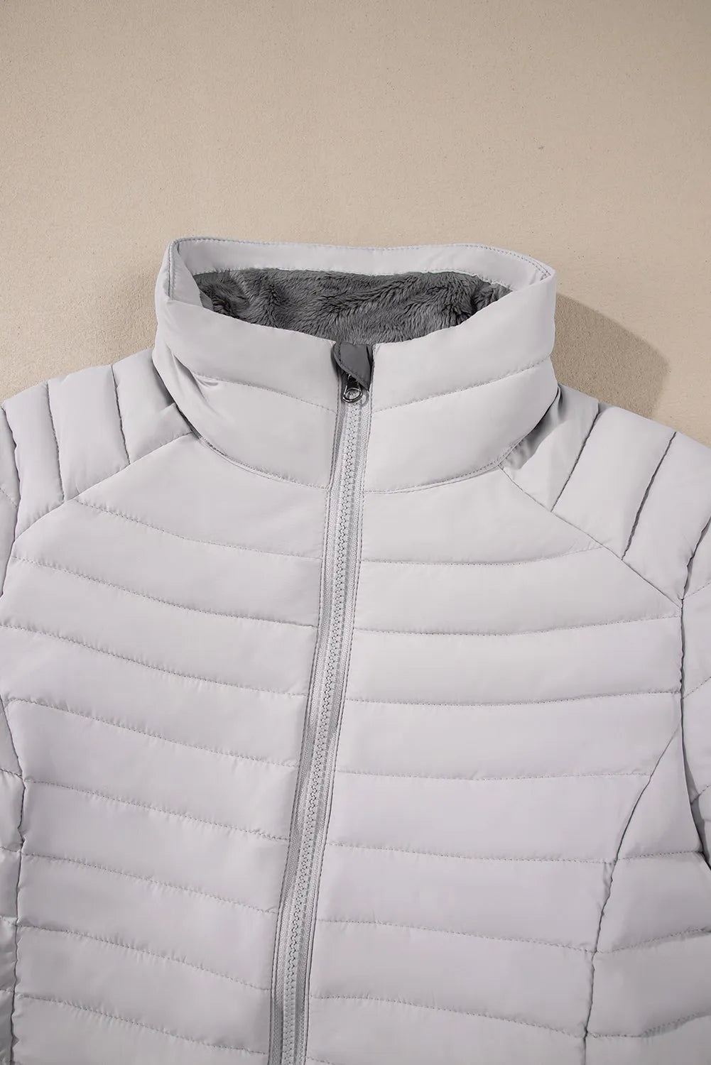 Silvery Solid Color Quilted Zip-up Puffer Jacket - Chic Meadow Boutique 