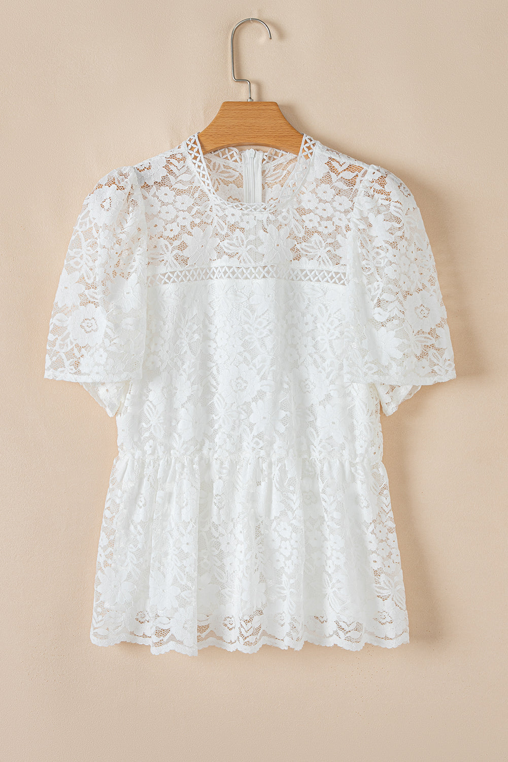 White Short Sleeve Scalloped Floral Lace Peplum Blouse