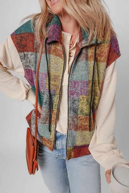 Outerwear/Vests Multicolor Plaid Print Side Pockets Zipped Loose Vest