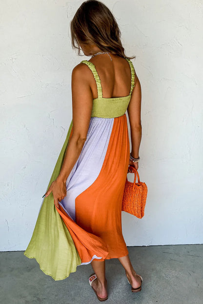 Green Color Block Shirred High Waist Fit and Flare Maxi Dress - Chic Meadow Boutique 