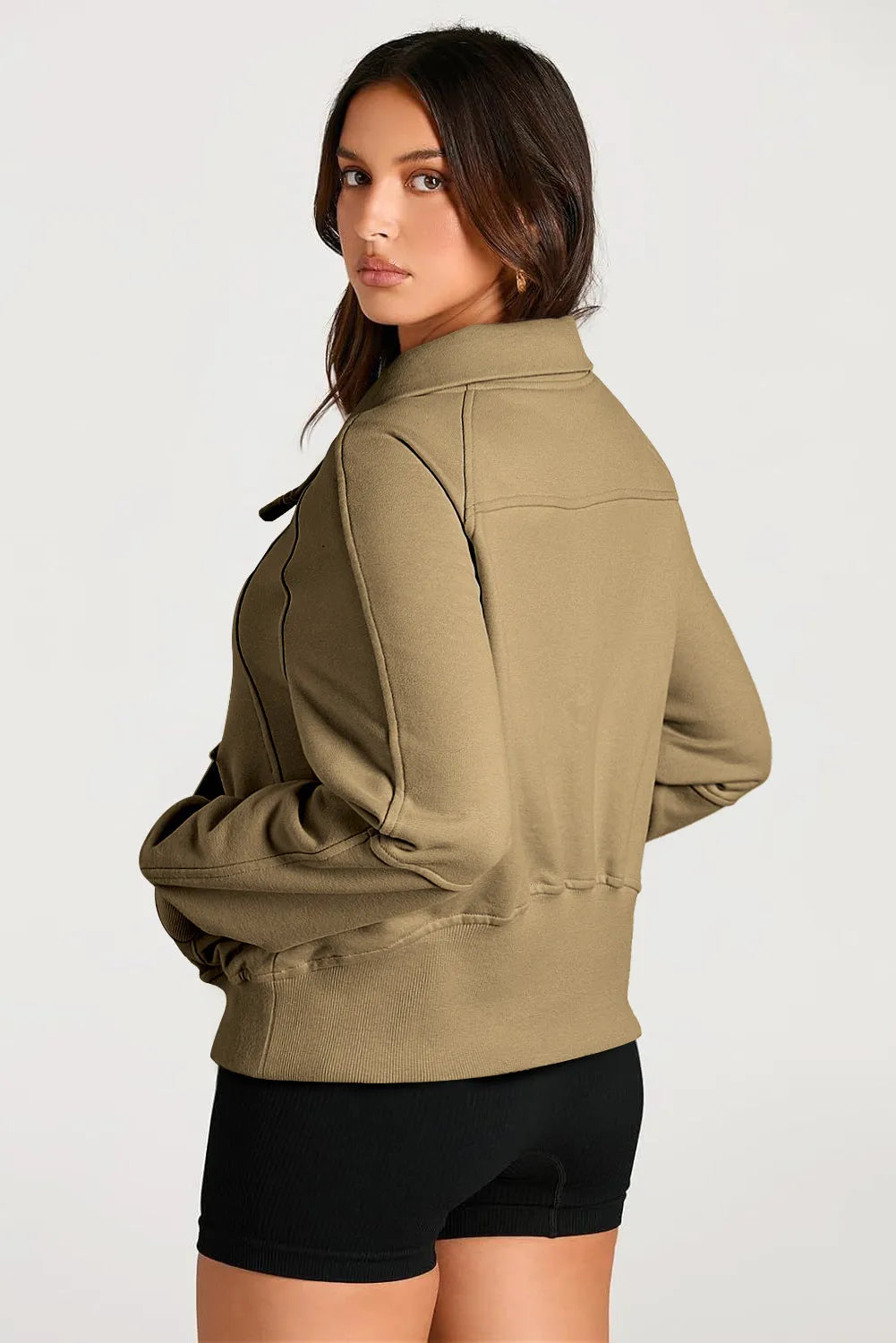 Brown Quarter Zip Stand Neck Kangaroo Pocket Sweatshirt - Chic Meadow Boutique 