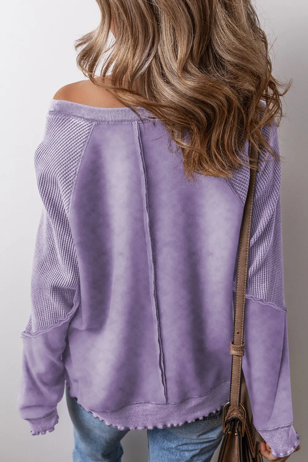 Orchid Petal Solid Waffle Knit Patchwork Raglan Sleeve Sweatshirt - Chic Meadow Boutique 