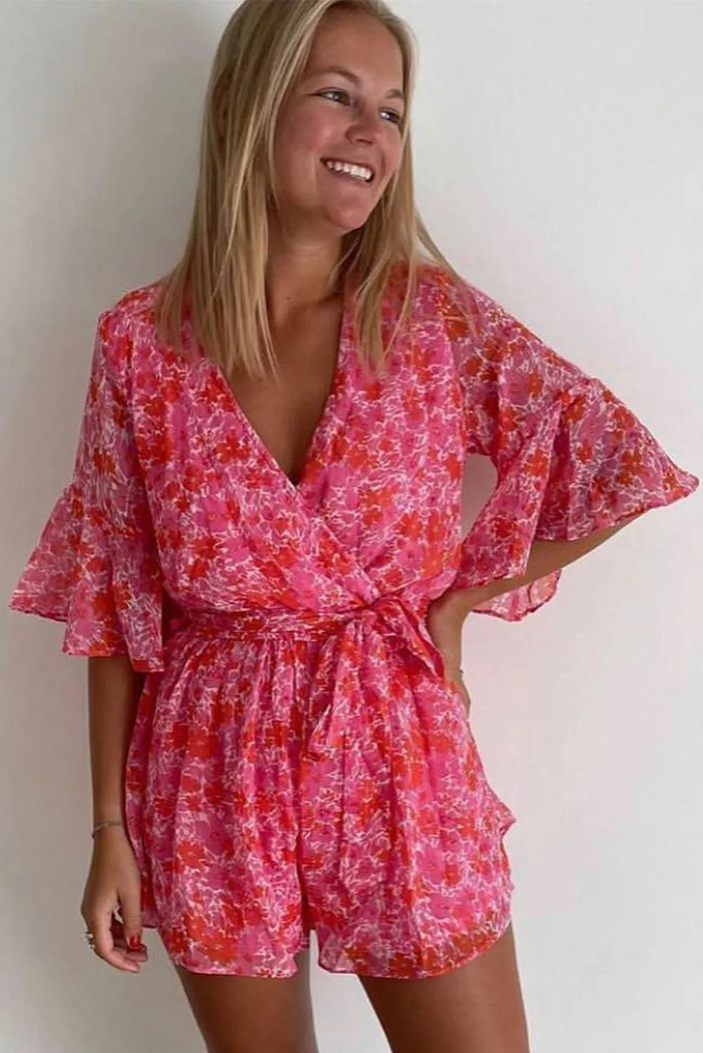 Pink V Neck Ruffled Sleeve Floral Romper - Chic Meadow Boutique 