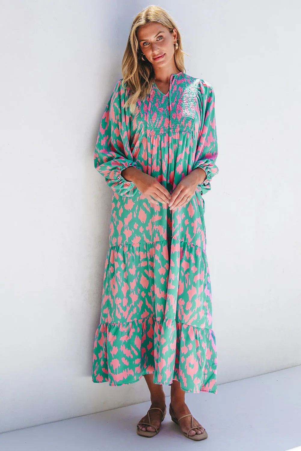 Green Abstract Print Puff Sleeve Tied Notched Neck Long Dress - Chic Meadow Boutique 